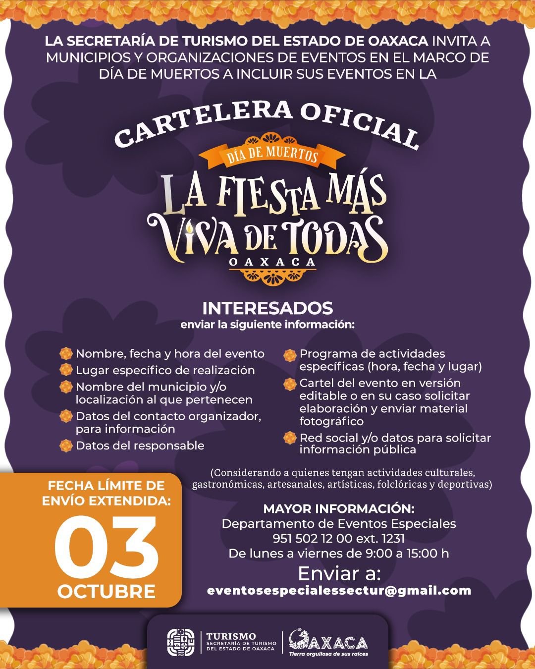💀🎃 Convoca Sectur Oaxaca a sumar eventos a la cartelera oficial del “Día de Muertos, La Fiesta Más Viva de Todas”